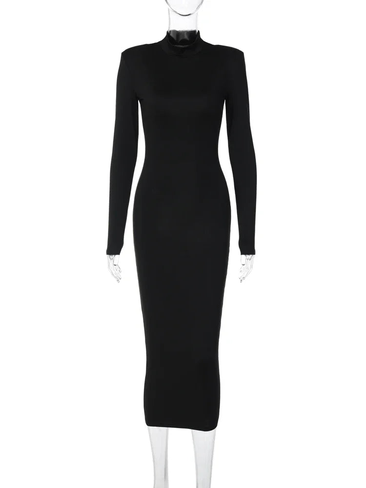 Long Sleeve Turtleneck Black Bodycon Maxi Dress