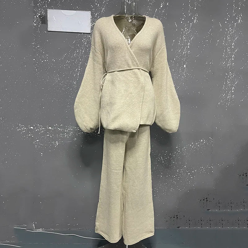 Casual Long Sleeve Sweater And High Waist Trousers Knit Set