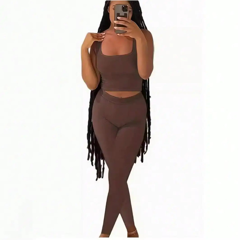 Ribbed Crop Tank Top and High Waist Leggings Set for Women
