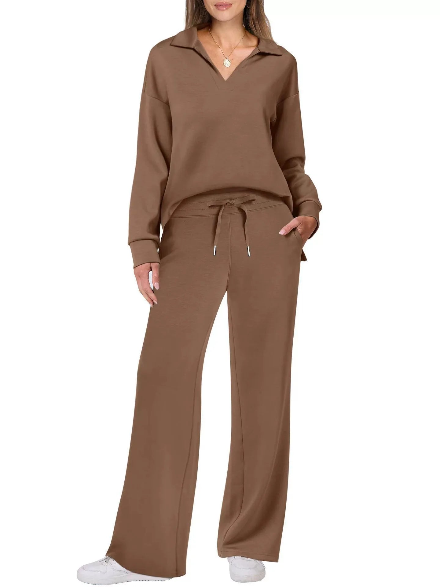 Loose V-neck Long-sleeved Top with Drawstring Design Elastic Waist Flared Long Trousers Two Pieces