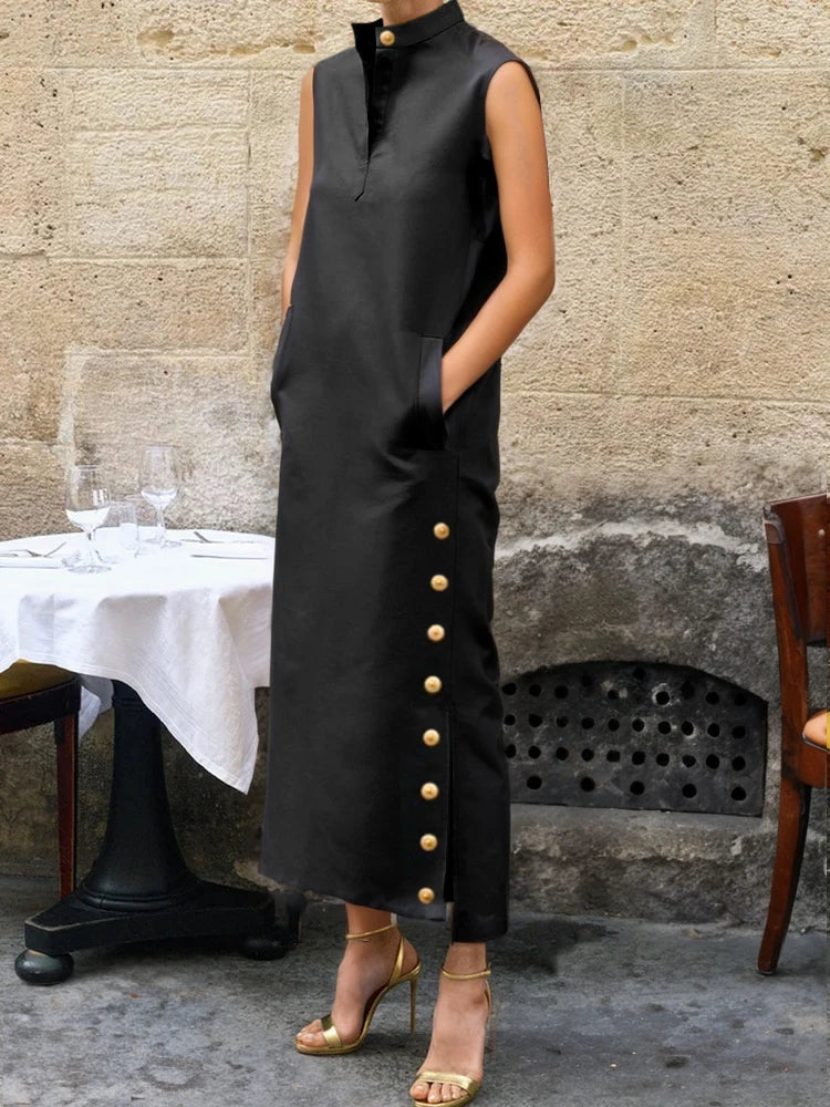 Vintage Black Standing Collar Buttoned Slit Evening Dress