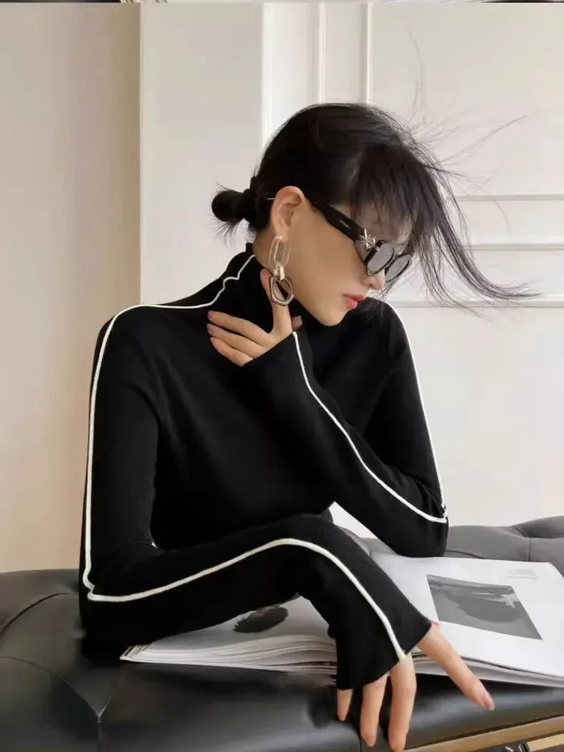 Long Sleeve Knit Turtleneck with Striped Sleeves Sweater Top