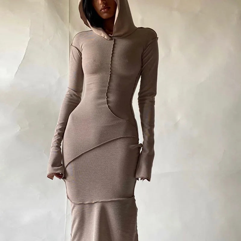 Long Sleeve Hooded Patchwork Skinny Maxi Dress