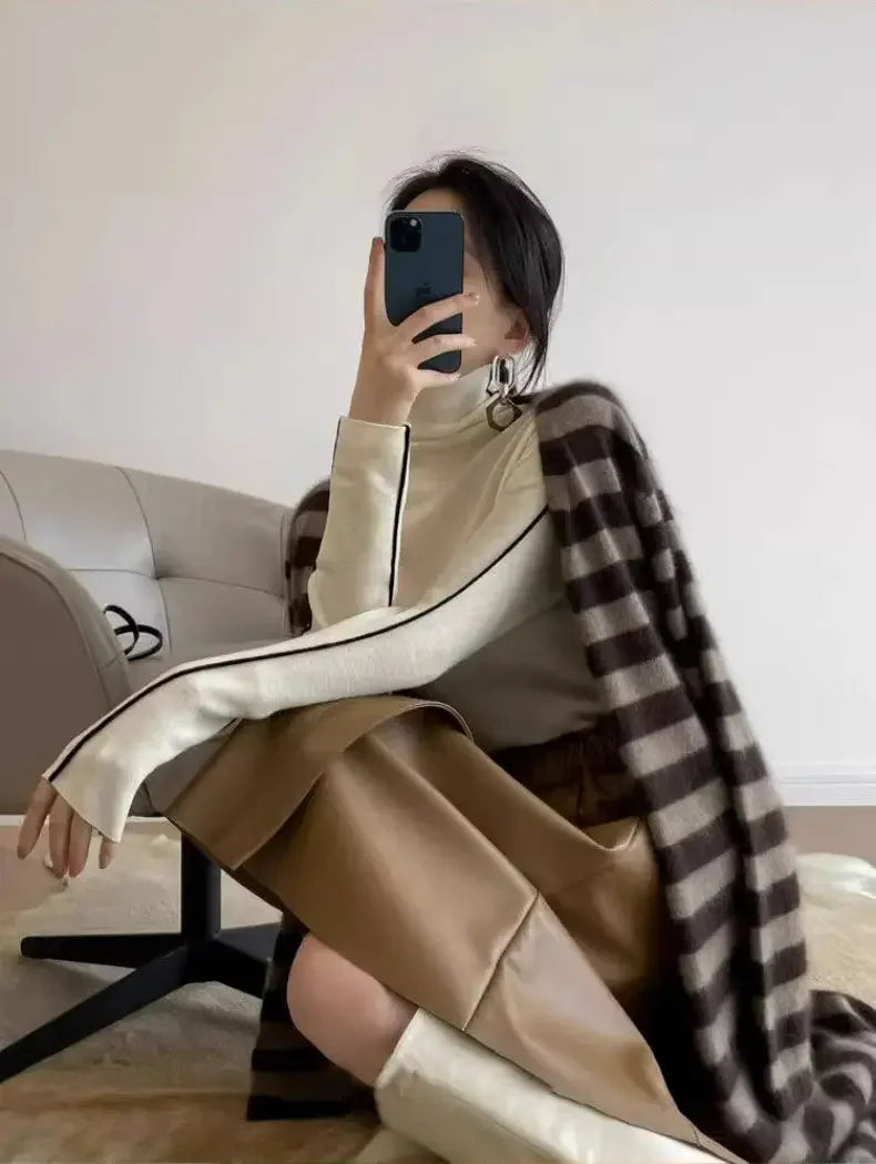 Long Sleeve Knit Turtleneck with Striped Sleeves Sweater Top