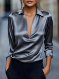 Elegant Satin Deep V-Neck Long Sleeve Blouse