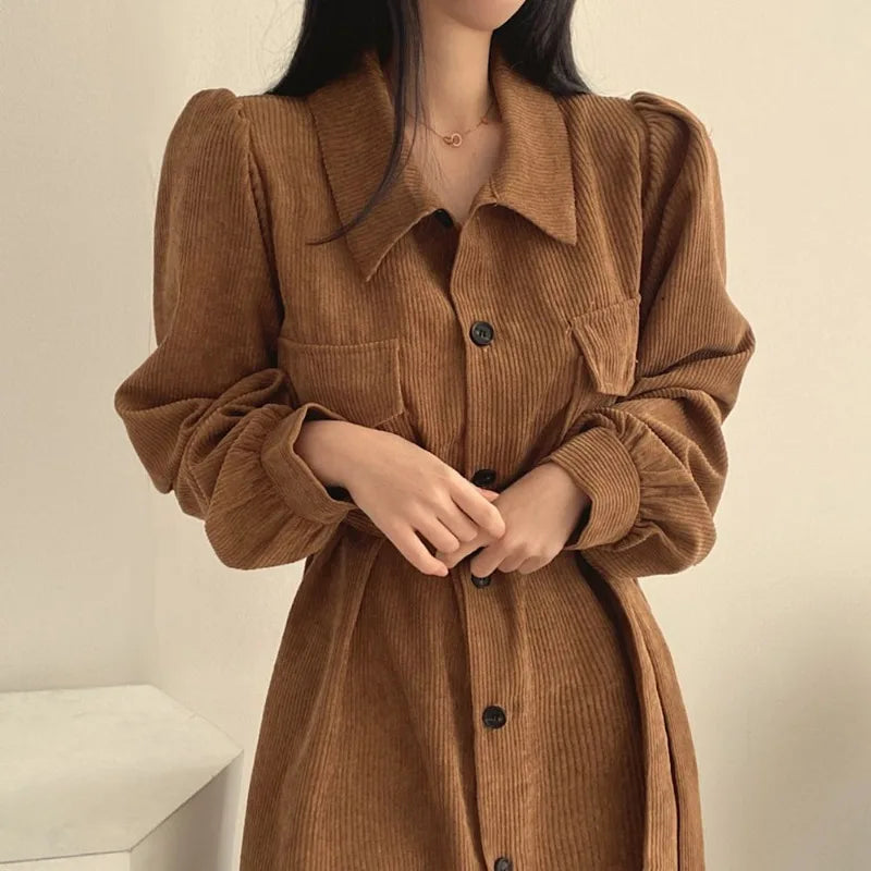 Retro Lapels Single-breasted Waist Dress