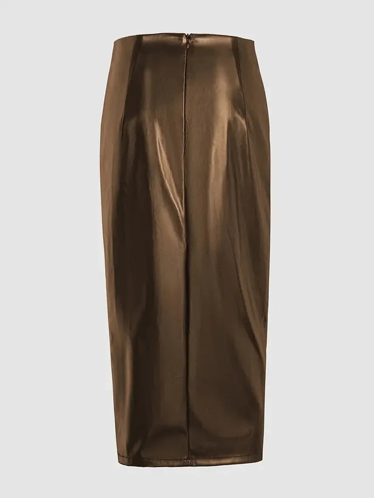 Slim fit, High Waist Split Mid-Length Pu Leather Skirt