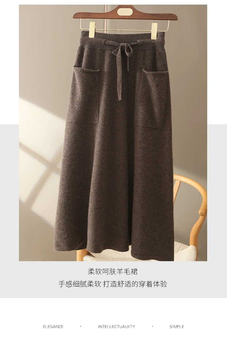 100% Pure Cashmere Wool Women's A-Line Skirt w/Pocket