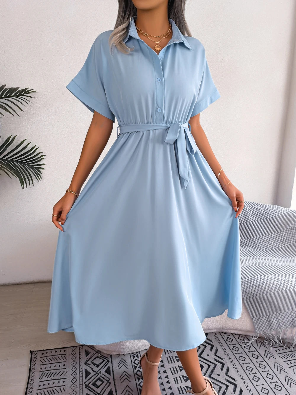 Women's Turn Down Collar Lace Up Dress