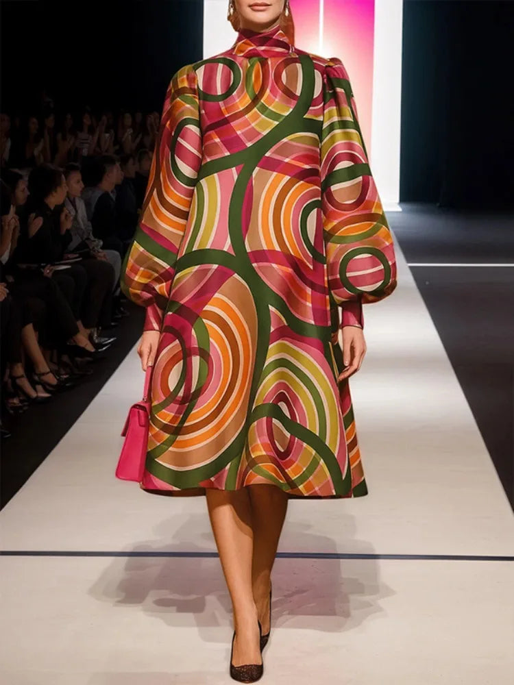 Elegant Lantern Sleeve Mid-Length Colorful Dress