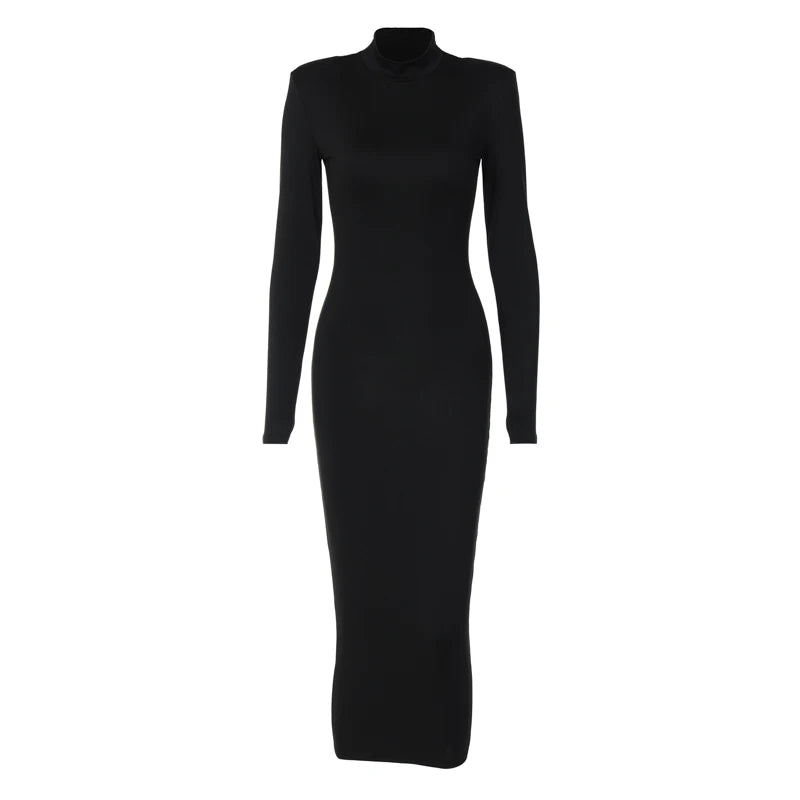 Long Sleeve Turtleneck Black Bodycon Maxi Dress