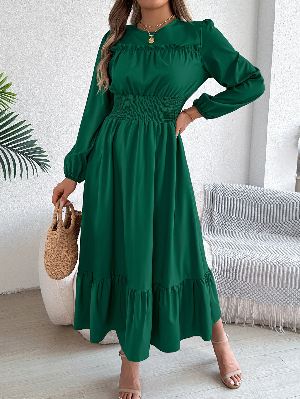 Women's Casual Elegant Round Neck Long Sleeved Waist Cinched Lotus Leaf Edge Dress