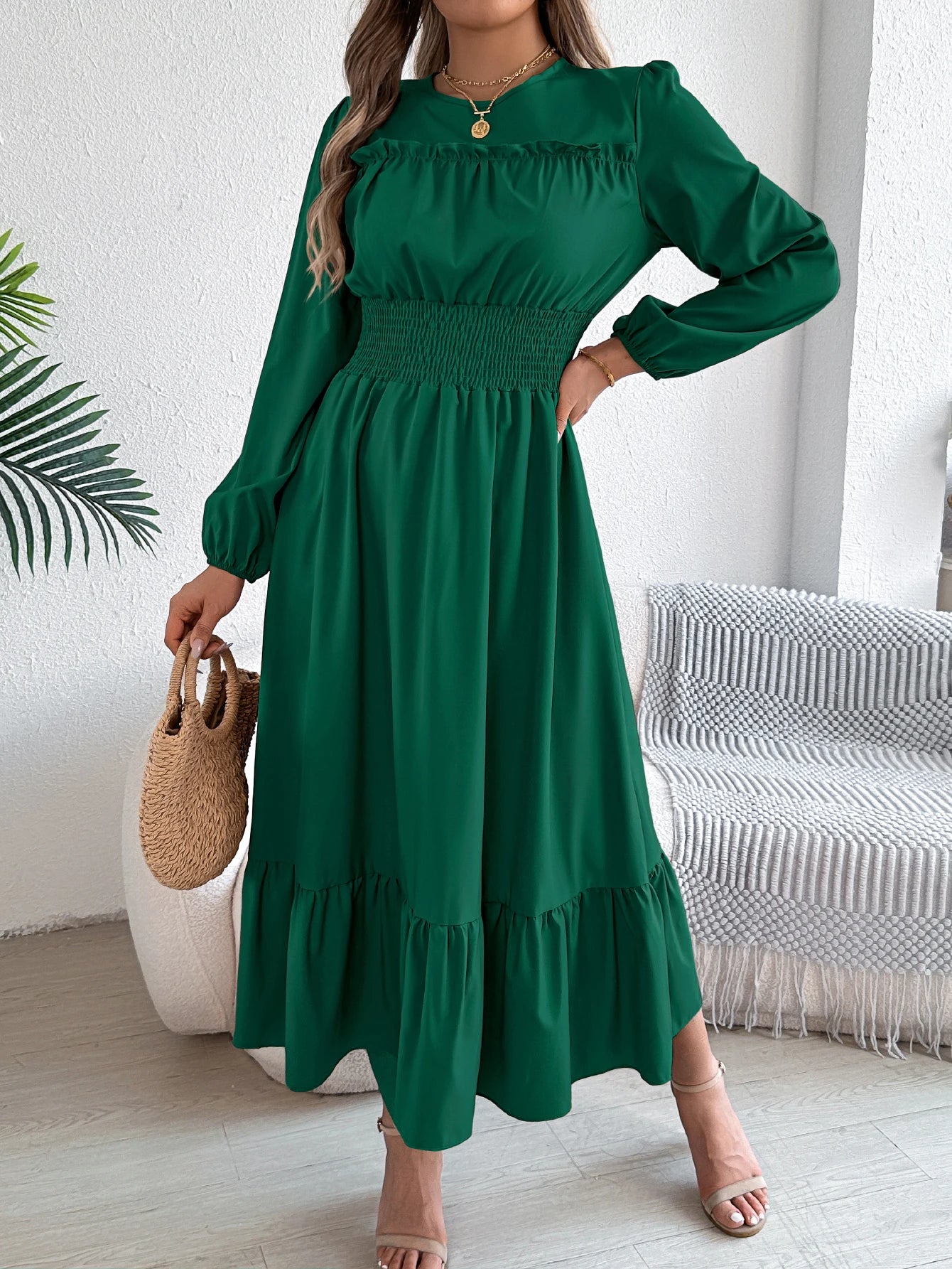 Women's Casual Elegant Round Neck Long Sleeved Waist Cinched Lotus Leaf Edge Dress
