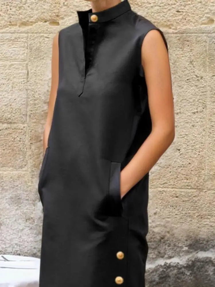 Vintage Black Standing Collar Buttoned Slit Evening Dress