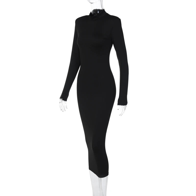 Long Sleeve Turtleneck Black Bodycon Maxi Dress