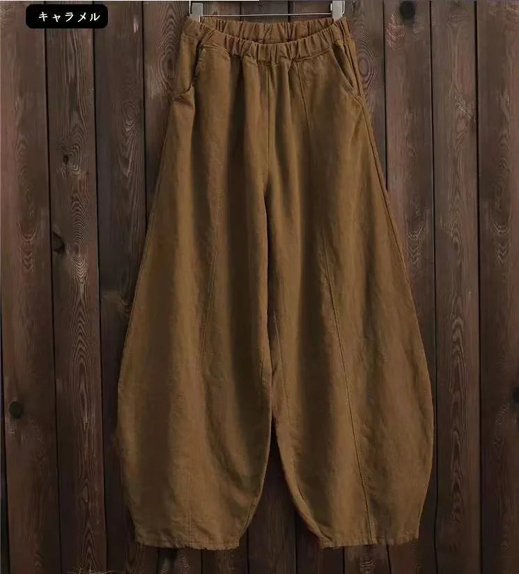 Women's Cotton Linen Wide Leg Pants with Elastic Waist