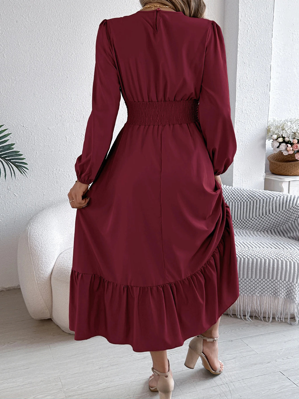 Women's Casual Elegant Round Neck Long Sleeved Waist Cinched Lotus Leaf Edge Dress