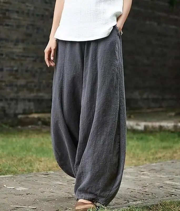 Women's Cotton Linen Wide Leg Pants with Elastic Waist