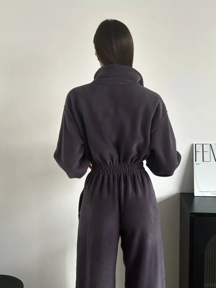 Sporty Long Sleeve Half-Zip Sports Jumpsuit with Lapel