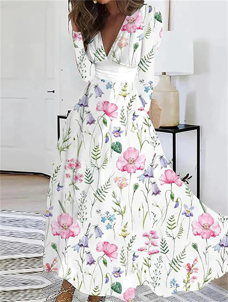 Elegant Long Sleeved Floral Print Long Dresses