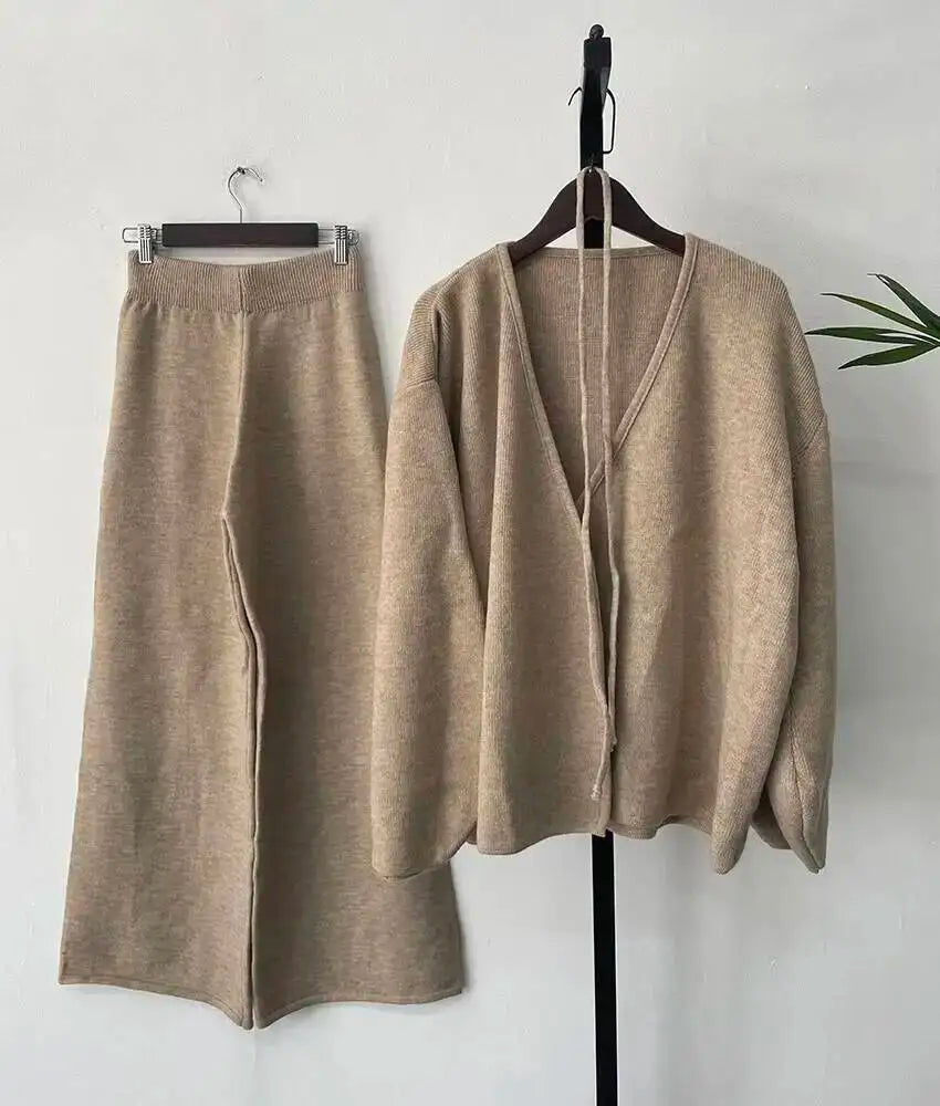 Casual Long Sleeve Sweater And High Waist Trousers Knit Set