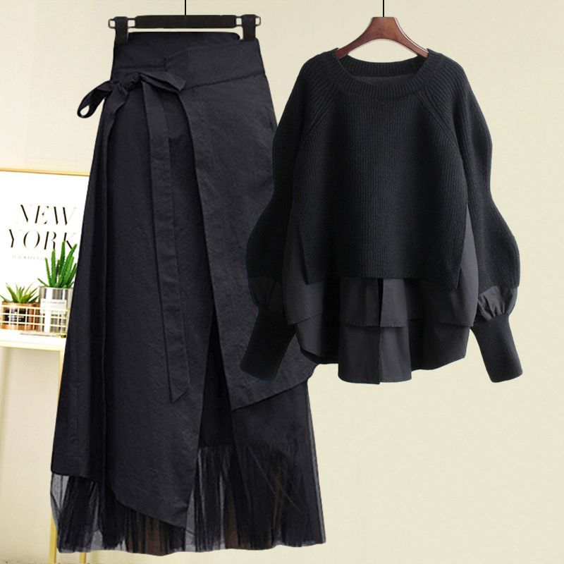 Spring Two Piece Knit Sweater+Strap A-line Skirt Suit Set