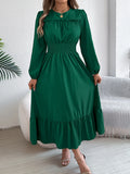 Women's Casual Elegant Round Neck Long Sleeved Waist Cinched Lotus Leaf Edge Dress