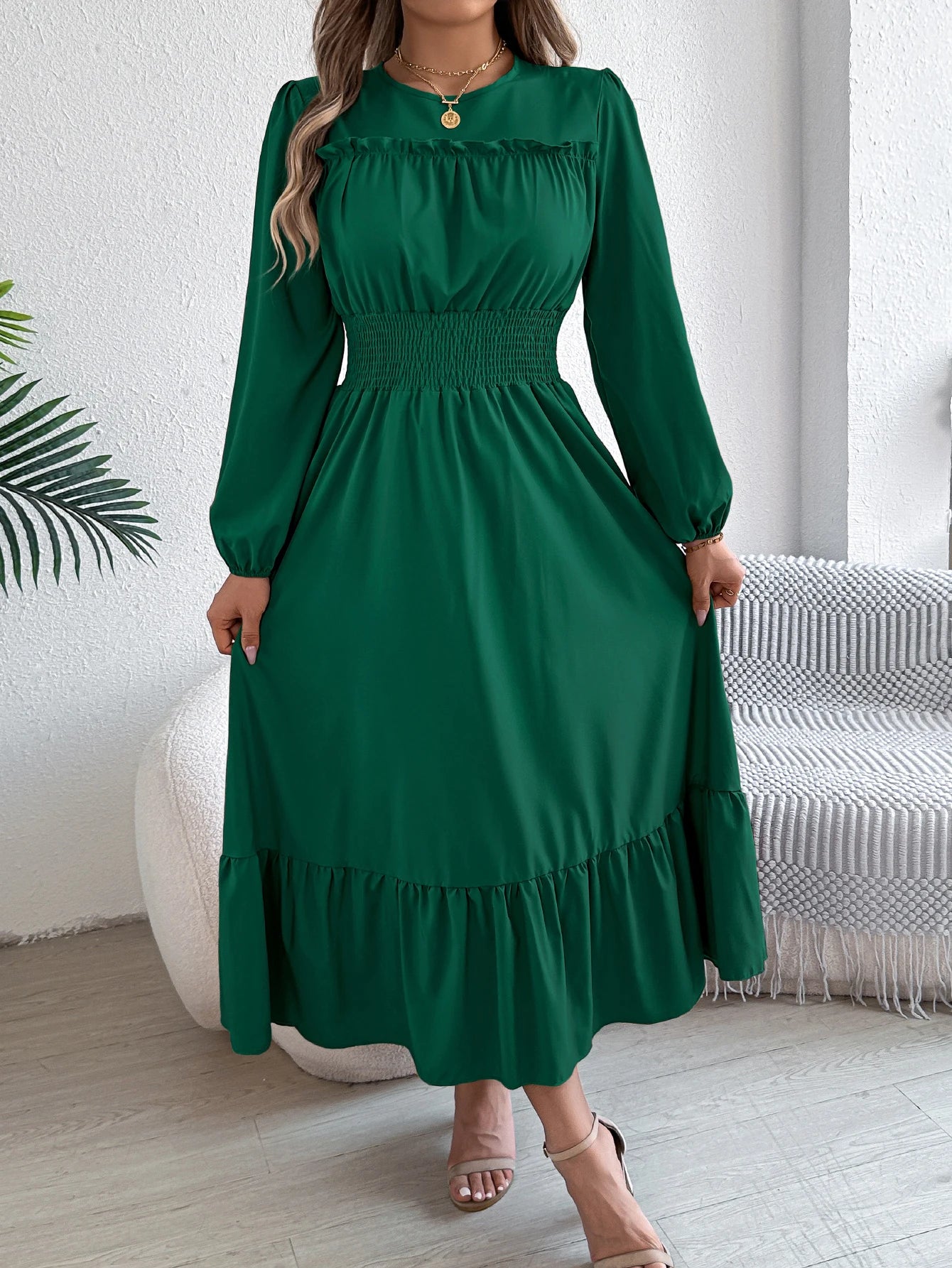 Women's Casual Elegant Round Neck Long Sleeved Waist Cinched Lotus Leaf Edge Dress