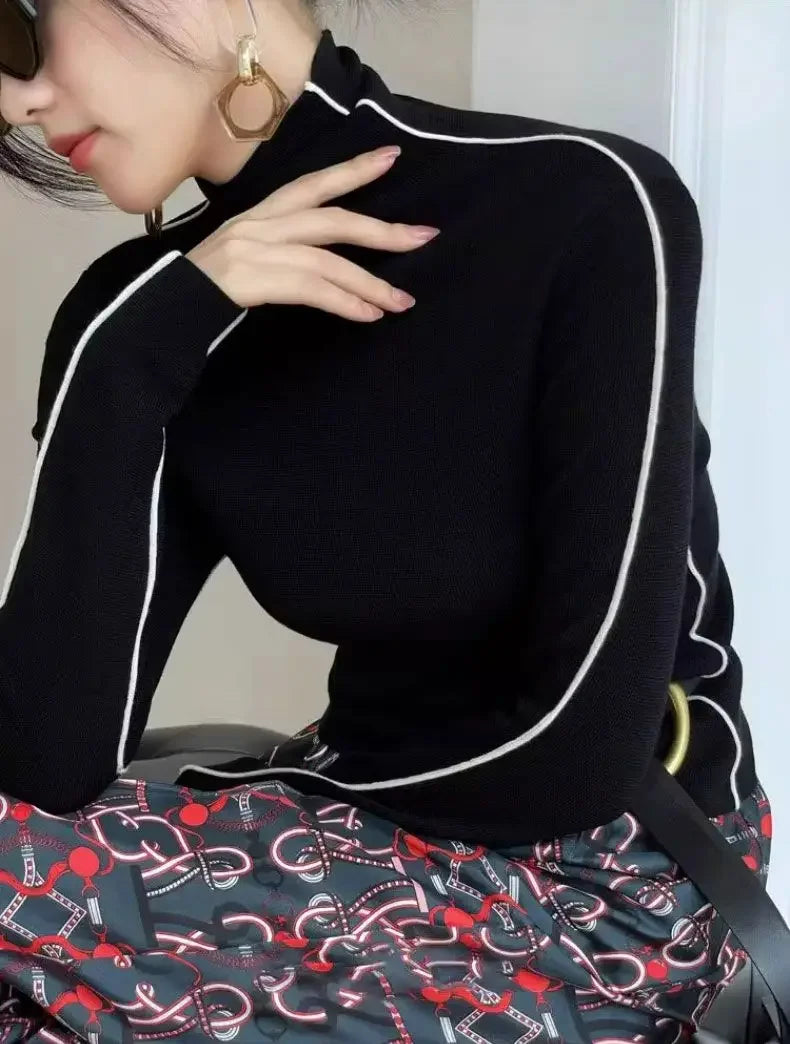 Long Sleeve Knit Turtleneck with Striped Sleeves Sweater Top