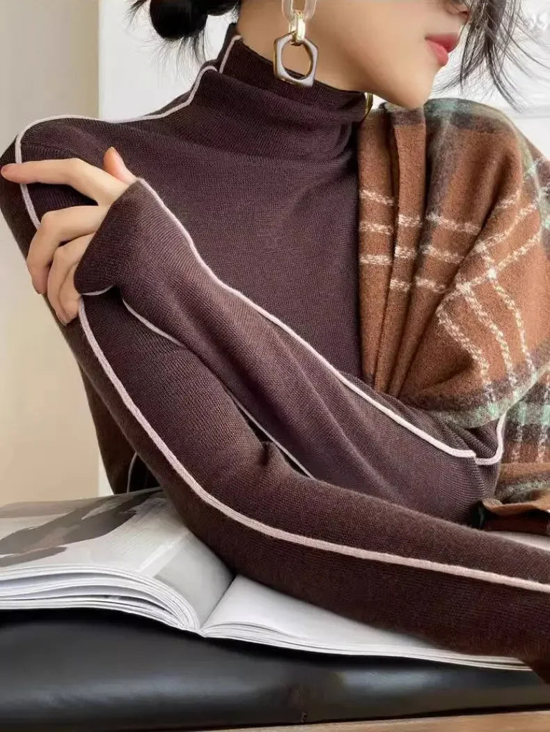 Long Sleeve Knit Turtleneck with Striped Sleeves Sweater Top
