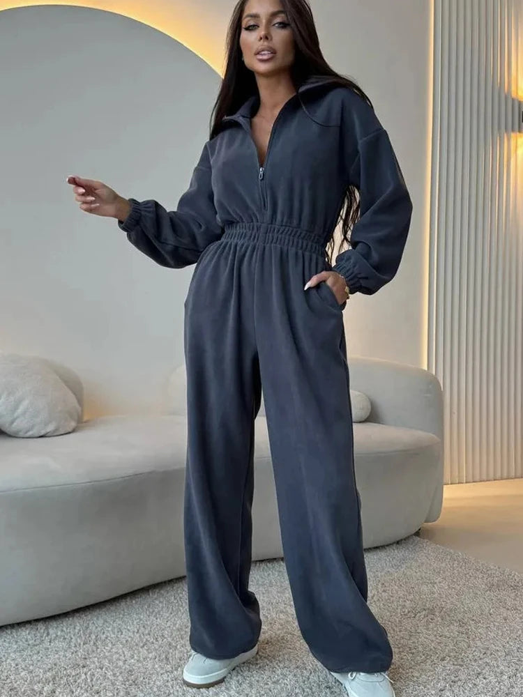 Sporty Long Sleeve Half-Zip Sports Jumpsuit with Lapel