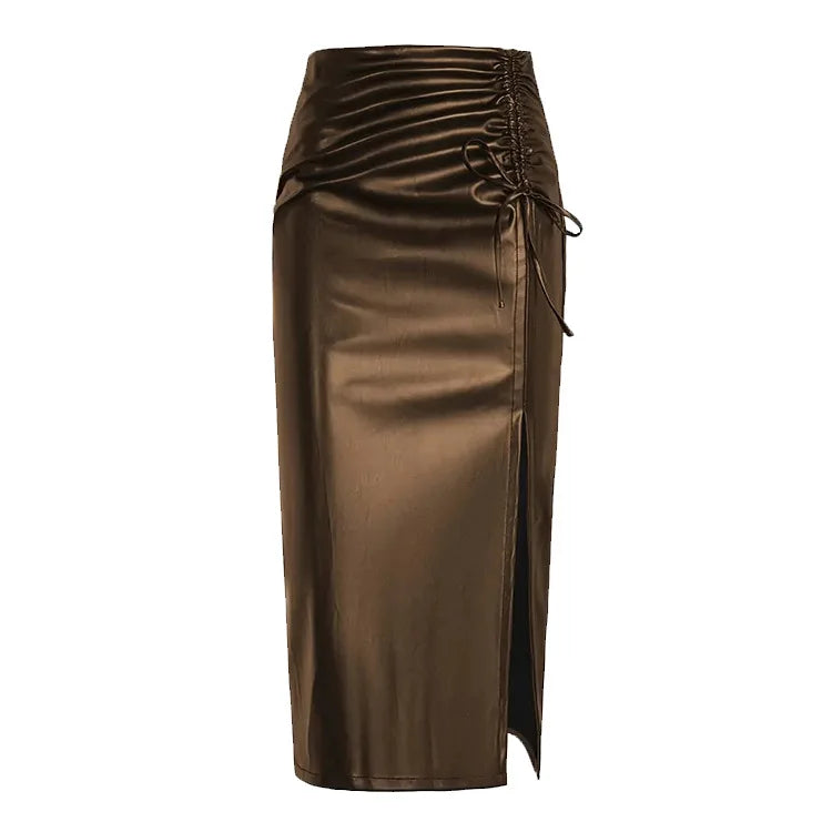 Slim fit, High Waist Split Mid-Length Pu Leather Skirt