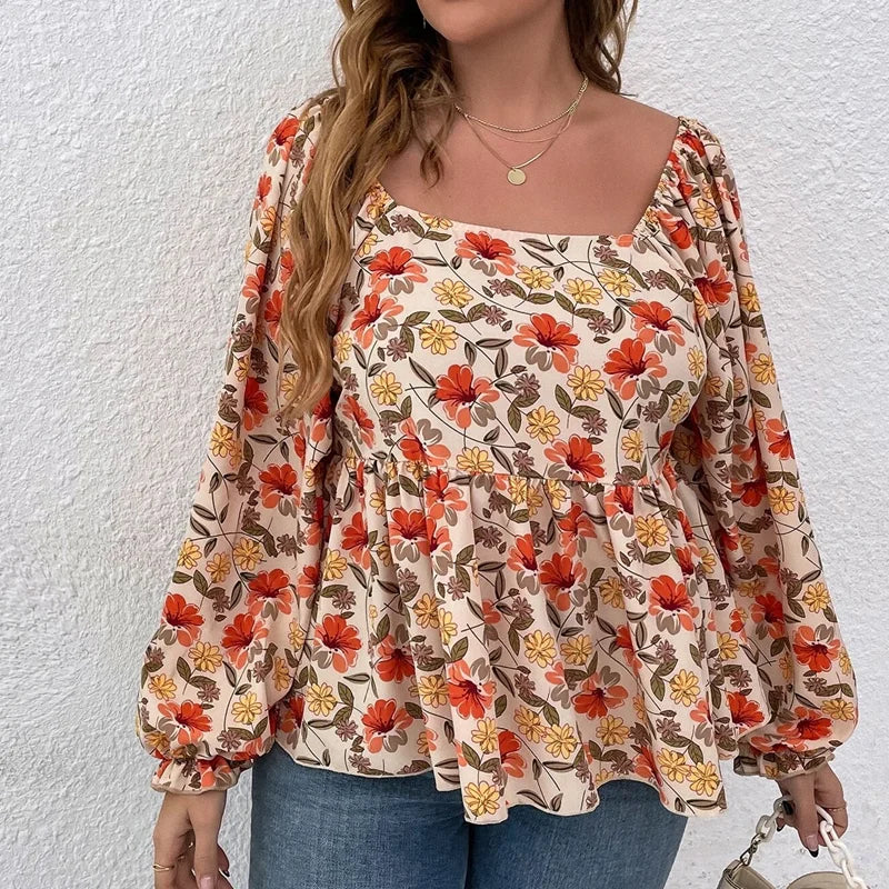 Women's Plus Size Floral Print Square Neck Peplum Blouse with Lantern Sleeves
