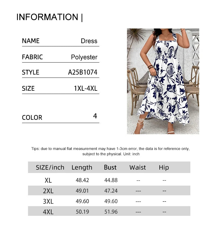Plus Size Summer Floral Halter Dress with Ruffle Hem