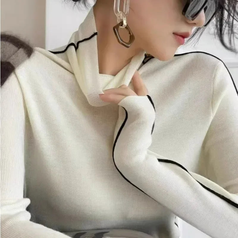 Long Sleeve Knit Turtleneck with Striped Sleeves Sweater Top