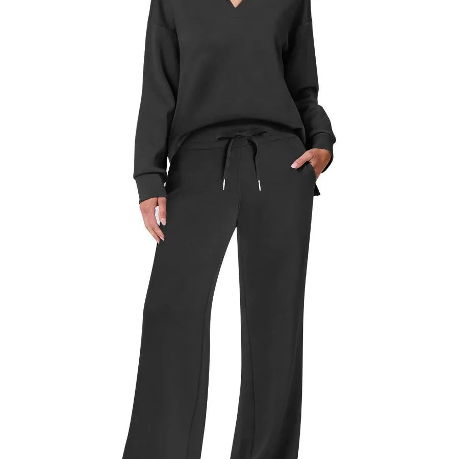 Loose V-neck Long-sleeved Top with Drawstring Design Elastic Waist Flared Long Trousers Two Pieces