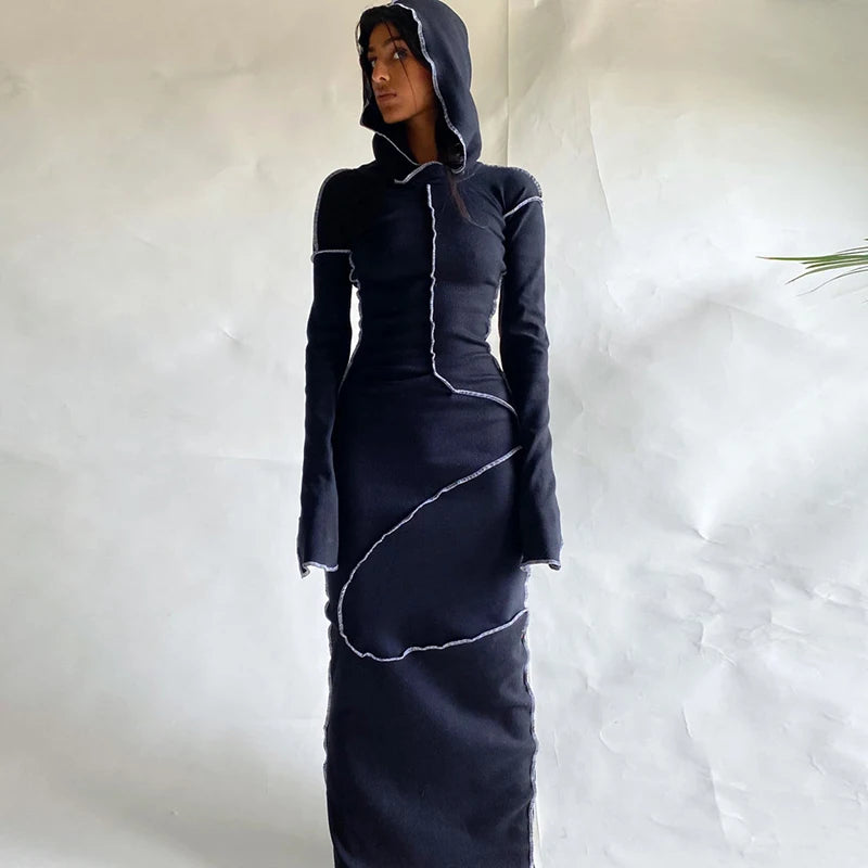Long Sleeve Hooded Patchwork Skinny Maxi Dress