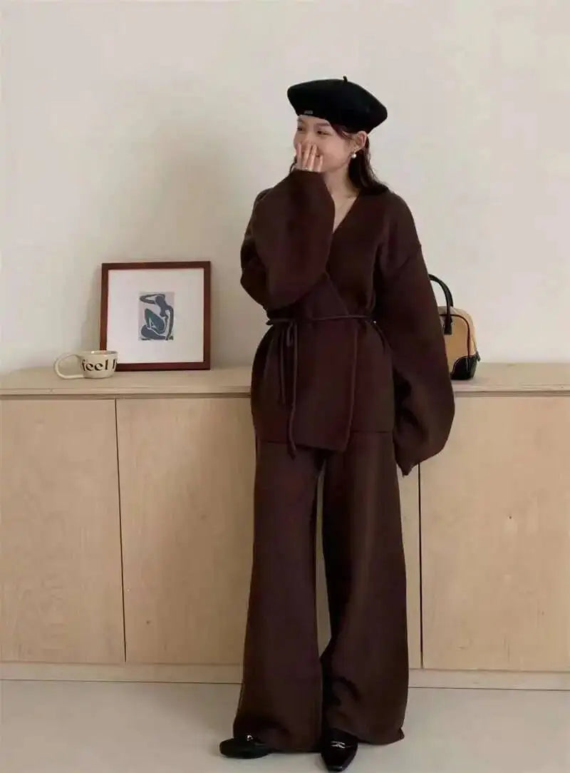 Casual Long Sleeve Sweater And High Waist Trousers Knit Set