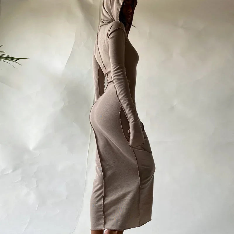 Long Sleeve Hooded Patchwork Skinny Maxi Dress