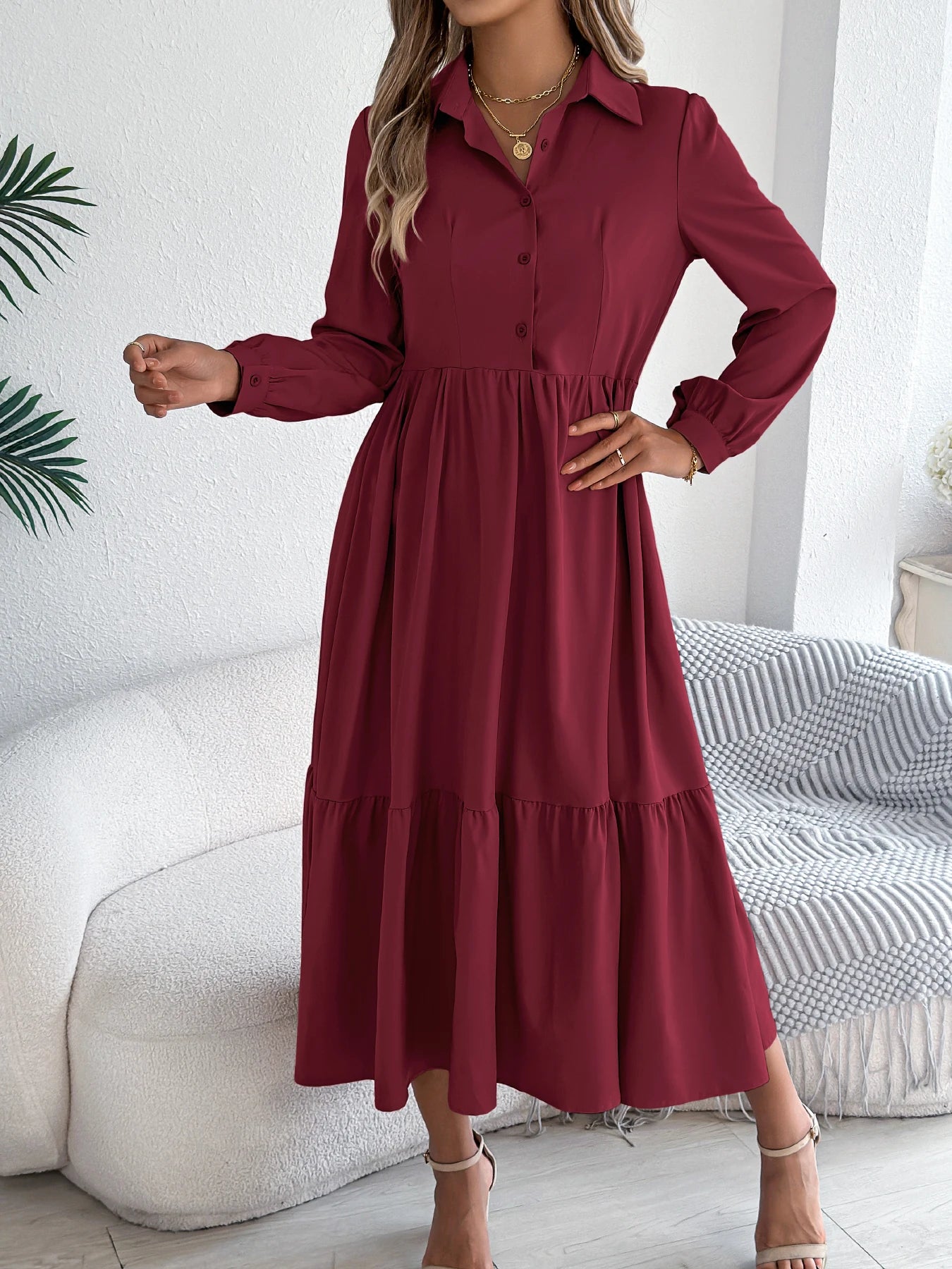 Women's Casual Button Down Long Sleeved Dress