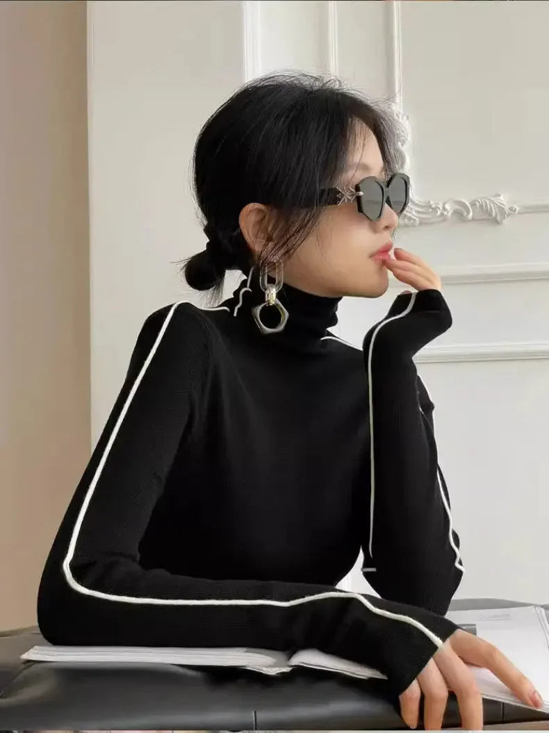 Long Sleeve Knit Turtleneck with Striped Sleeves Sweater Top