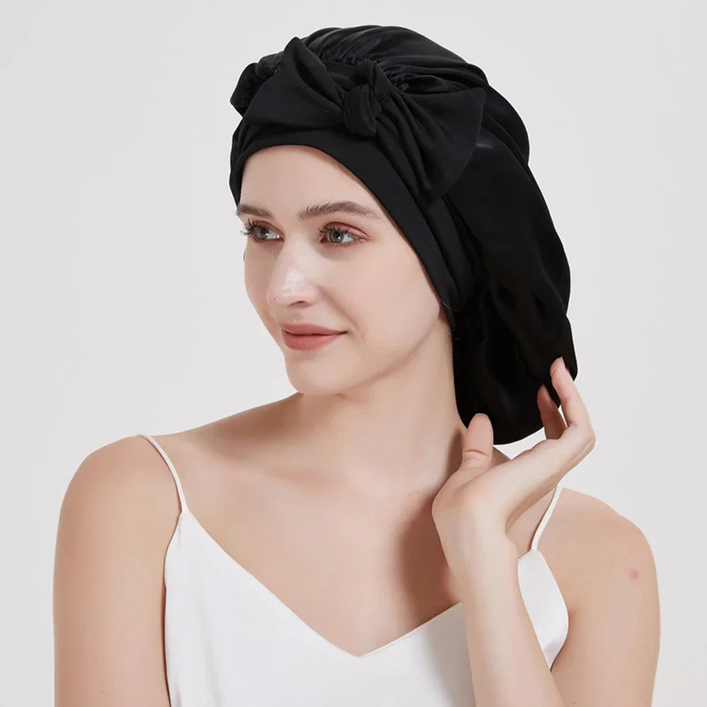 100% Mulberry Silk Sleeping Bonnet Curly Hair Adjustable Satin Sleep Cap With Wide Elastic Band