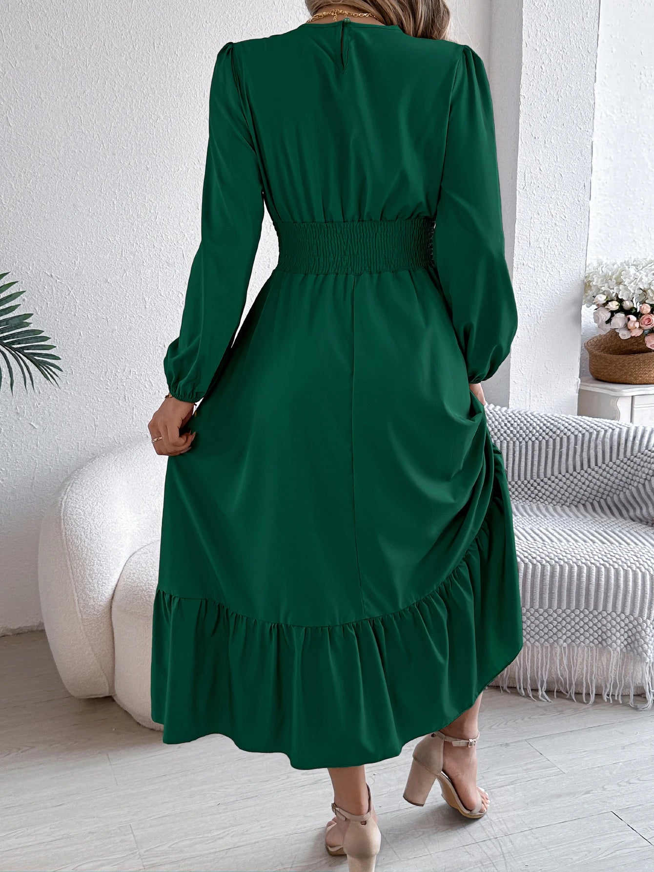 Women's Casual Elegant Round Neck Long Sleeved Waist Cinched Lotus Leaf Edge Dress