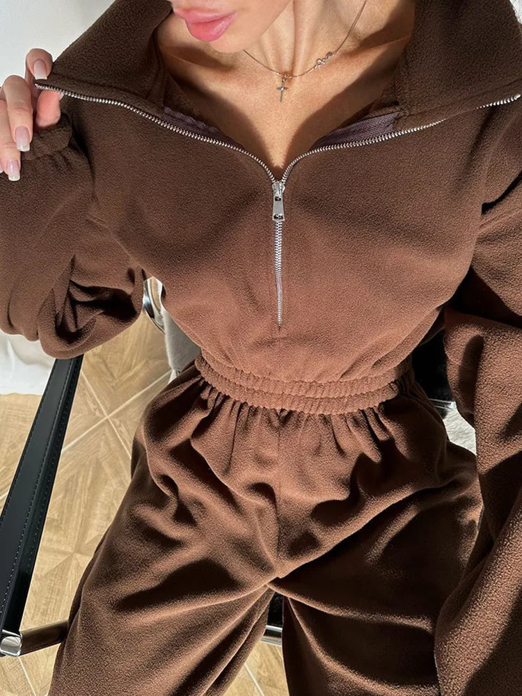 Sporty Long Sleeve Half-Zip Sports Jumpsuit with Lapel