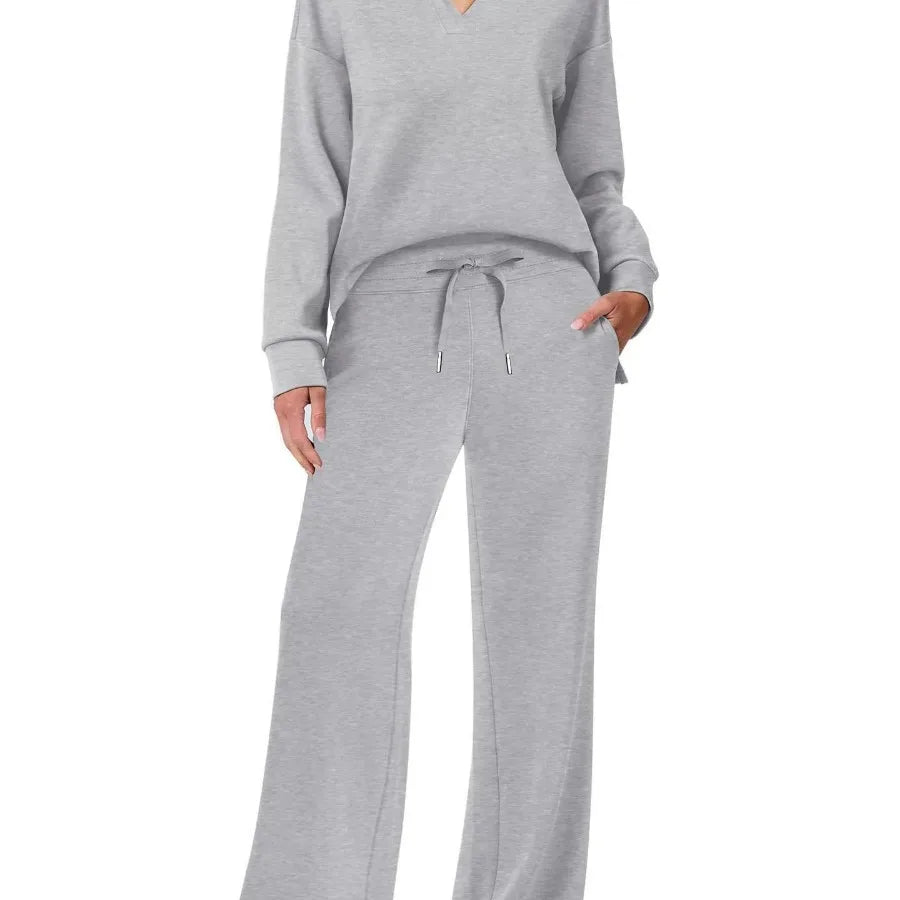 Loose V-neck Long-sleeved Top with Drawstring Design Elastic Waist Flared Long Trousers Two Pieces
