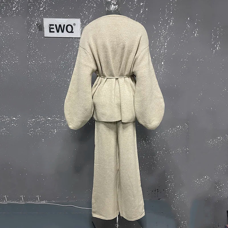 Casual Long Sleeve Sweater And High Waist Trousers Knit Set
