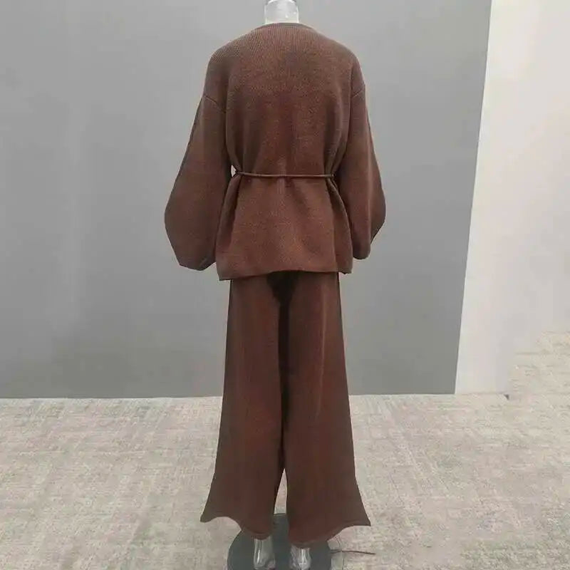 Casual Long Sleeve Sweater And High Waist Trousers Knit Set