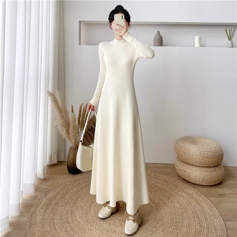 Solid Color Long Sleeve Knitted Dress with Turtleneck
