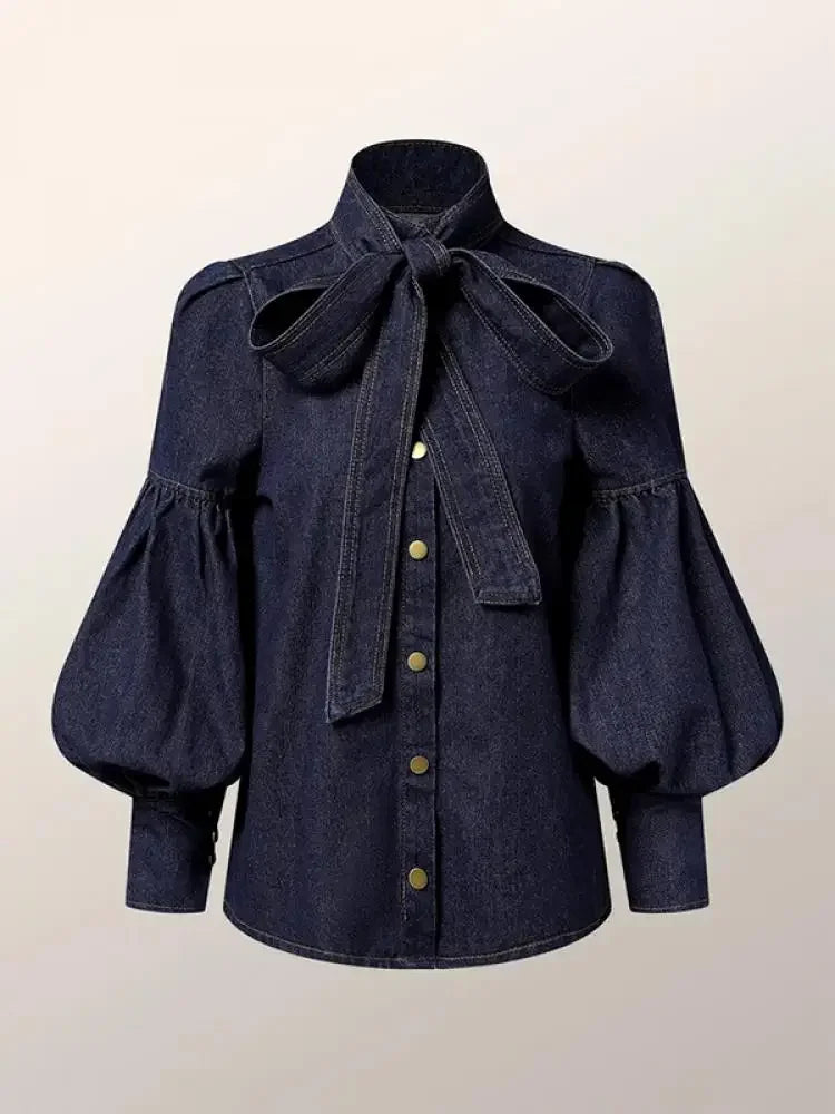Denim Blouse with Long Puff Sleeves and Bow