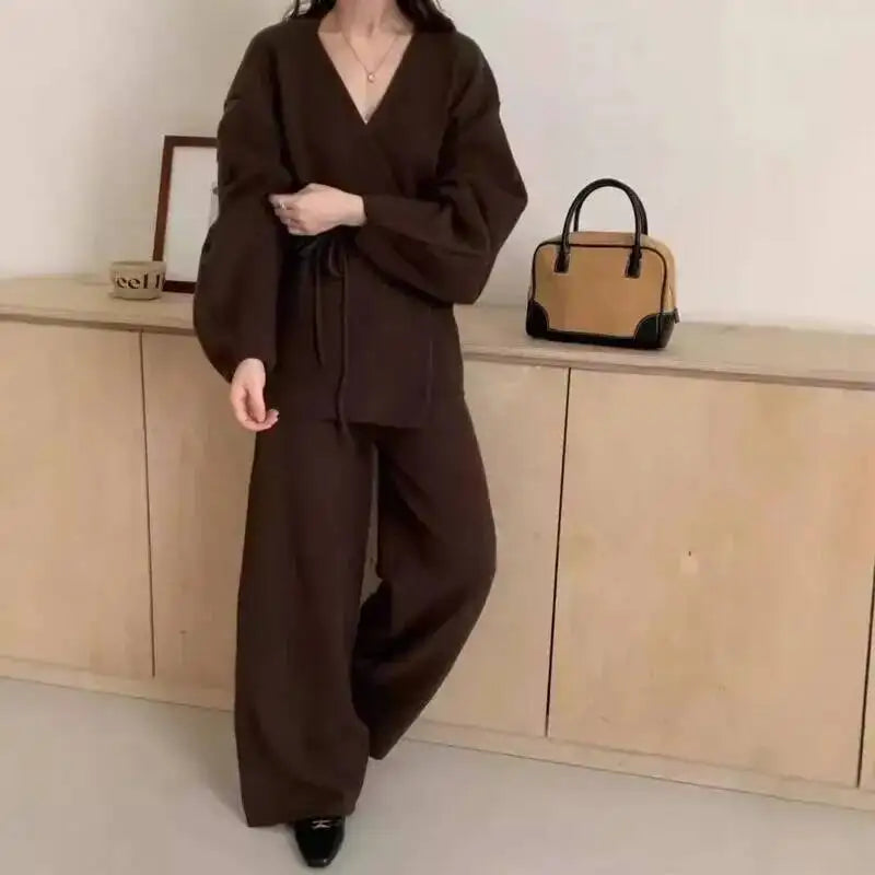 Casual Long Sleeve Sweater And High Waist Trousers Knit Set